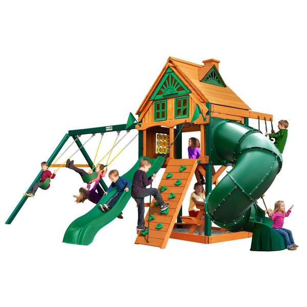 Gorilla Playsets Mountaineer Treehouse Wooden Swing Set with Fort Add-On, Timber ShieldPosts, and 2 Slides