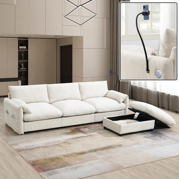 96.5 in. Chenille L Shaped Sectional Sofa in Beige with Storage Ottoman, Adjustable Phone Holder, USB Charger
