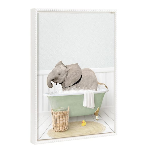 Kate and Laurel Elephant Animal Bathtub Beaded Framed Canvas Wall Art 1-Piece White Framed Canvas Art Print, 18 in. H x 24 in. W