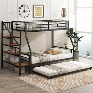 Black Twin Over Full Size Metal Bunk Bed with Trundle and Storage Staircase