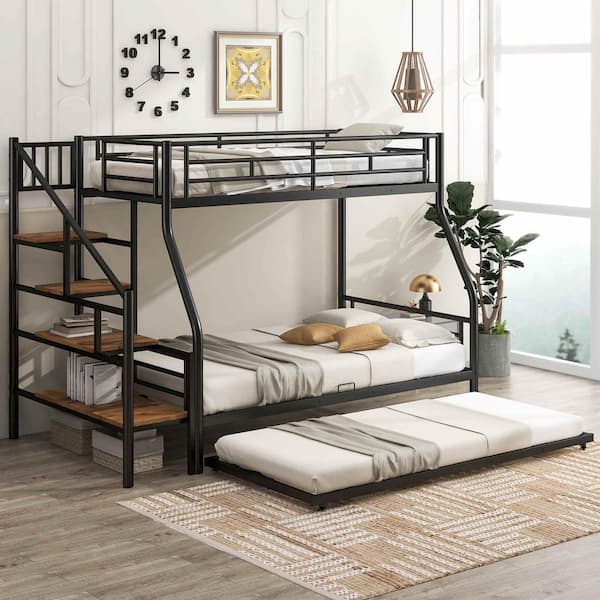 Polibi Black Twin Over Full Size Metal Bunk Bed with Trundle and Storage Staircase