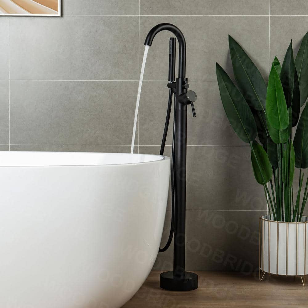 Matte Black Brass Floor Mount Bathtub Faucet with Hand Shower