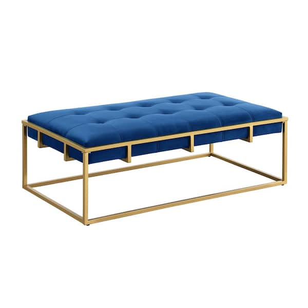 Amoria 46 in. L Navy Velvet Rectangle Ottoman in Brushed Gold