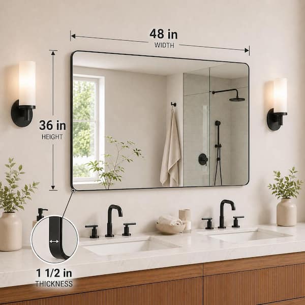 48 in. W x 36 in. H Rectangular Framed Wall Bathroom Vanity Mirror in Matte Black