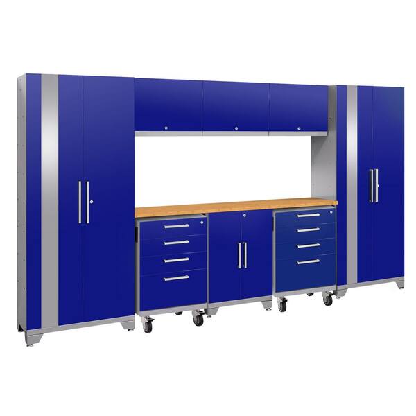 NewAge Products Performance 2.0 132 in. W x 75.25 in. H x 18 in. D 24-Gauge Welded Steel Bamboo Worktop Cabinet Set in Blue (9-Piece)