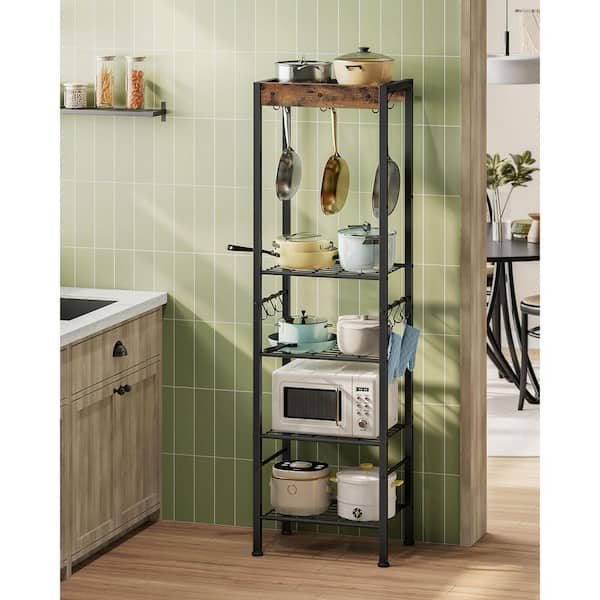 Rustic Brown and Black Floorstanding 5-Tier Pot Rack with 15 Hooks and 4 Shelves for Kitchen Storage Organization
