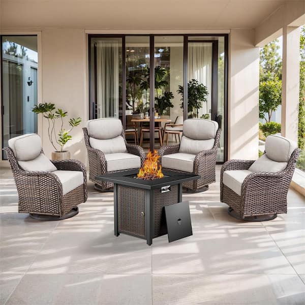 5-Piece Wicker Outdoor Patio Fire Pit Set with CushionGuard Beige Cushions