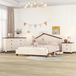 3-Piece Wood Bedroom Set Full Size Platform Bed with Modern Nightstand and 6-Drawer Storage Dresser (Cream/Walnut)
