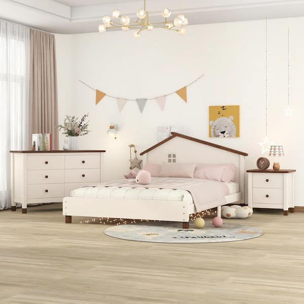 Unbranded 3-Piece Wood Bedroom Set Full Size Platform Bed with Modern Nightstand and 6-Drawer Storage Dresser (Cream/Walnut)