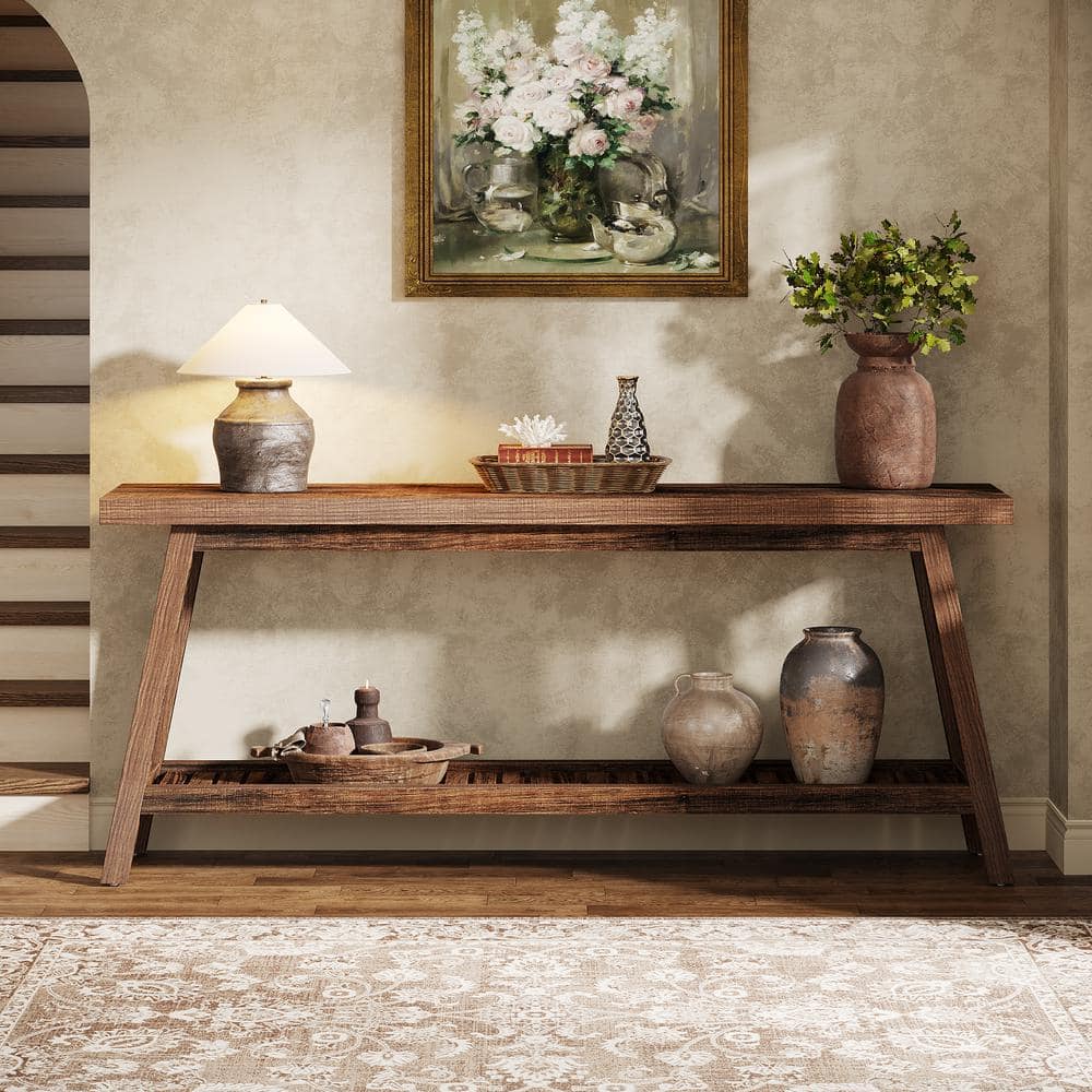 70.9-Inch Rustic Brown Wooden Console Table with Storage