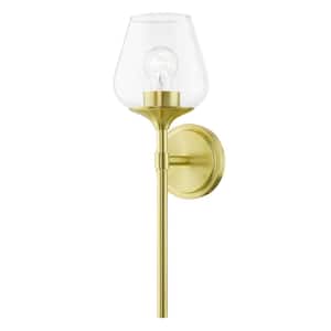 Hillbrook 5.75 in. 1-Light Satin Brass Wall Sconce with Clear Glass