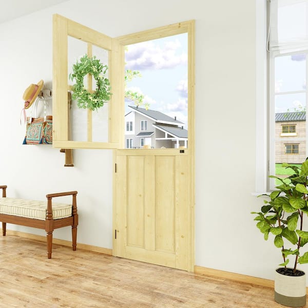 32 in. x 80 in. Solid Pine Universal 4-Lite 2-Panel Clear Glass Dutch Door w/Euca Wreath Unfinished Wood Front Door Slab