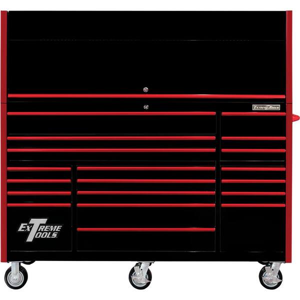 Extreme Tools RX Series Professional 72 in. W x 25 in. D Hutch and 19-Drawer Roller Cabinet Combo in Black with Red Drawer Pulls