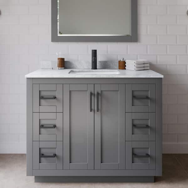 Wyndham Collection Miranda 42 in. W Single Bath Vanity in Dark Gray with Marble Vanity Top in White Carrara with White Basin and Mirror