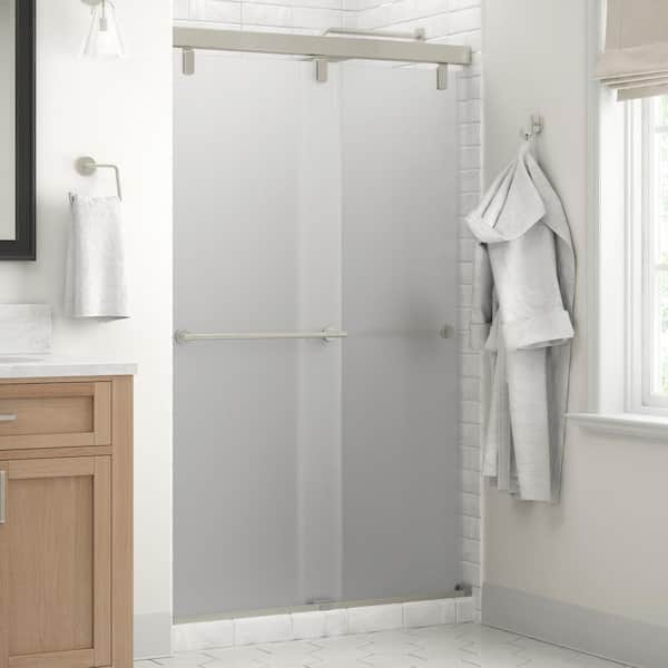 Delta Crestfield Mod 43-3/8 to 47-3/8 in. W x 71-1/2 in. H Soft-Close Frameless Sliding Shower Door, Nickel, Frosted Glass