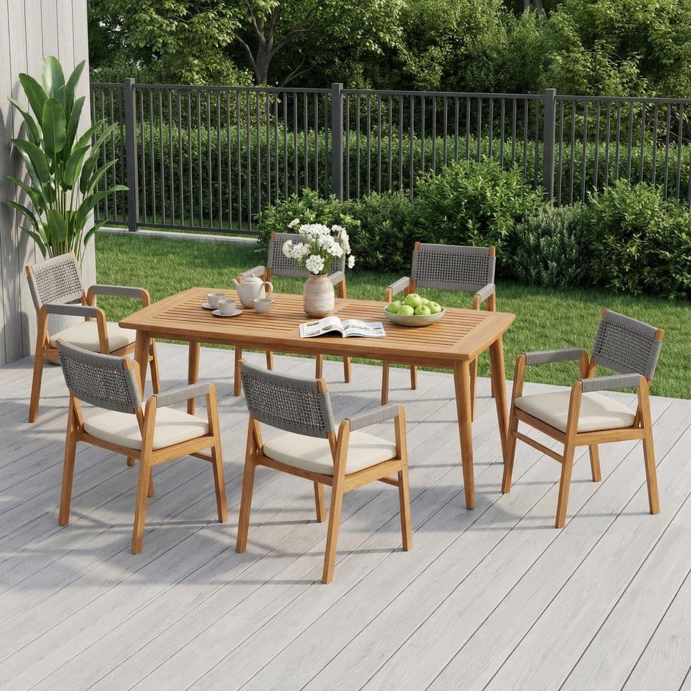Teak and Gray 7-Piece Acacia Wood Outdoor Dining Set with Beige Cushions, 6 Gray Rope-Woven Armchairs price history on PriceWatchPro