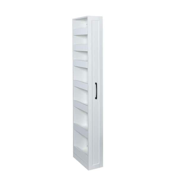 7-Tier White Wood Narrow Kitchen Rolling Cart, Slim Storage Cabinet Next to Fridge with Handle and Spice Rack