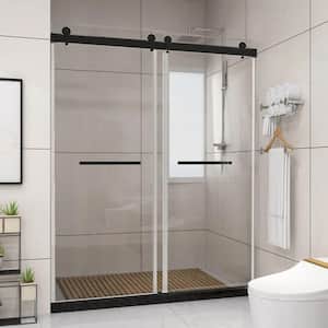 60 in. W x 76 in. H Freestanding Double Sliding Frameless Shower Door Enclosure in Matte Black with Clear Glass