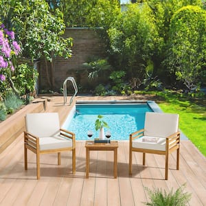Okemo Weather-Resistant Acacia Natural Wood Outdoor 3-Piece Patio Set w/2 Dining Chairs & Side Picnic Table w/Cushions