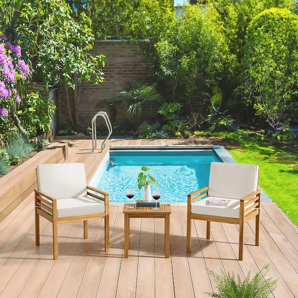Okemo Weather-Resistant Acacia Natural Wood Outdoor 3-Piece Patio Set w/2 Dining Chairs & Side Picnic Table w/Cushions