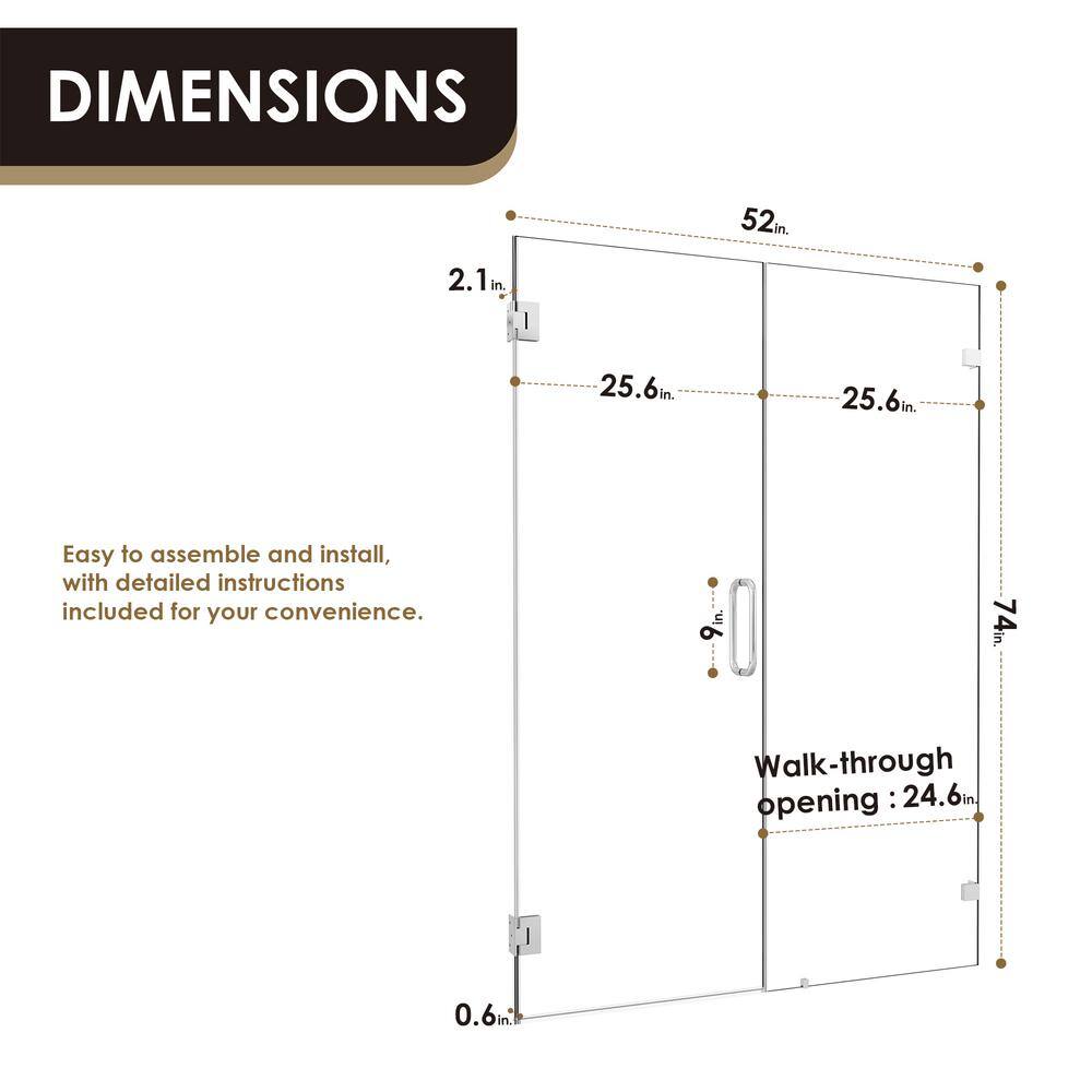 52" W x 74" H Frameless Chrome Glass Shower Door