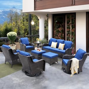 Moonlight Brown 8-Piece Wicker Patio Conversation Seating Sofa Set with Navy Blue Cushions and Swivel Rocking Chairs