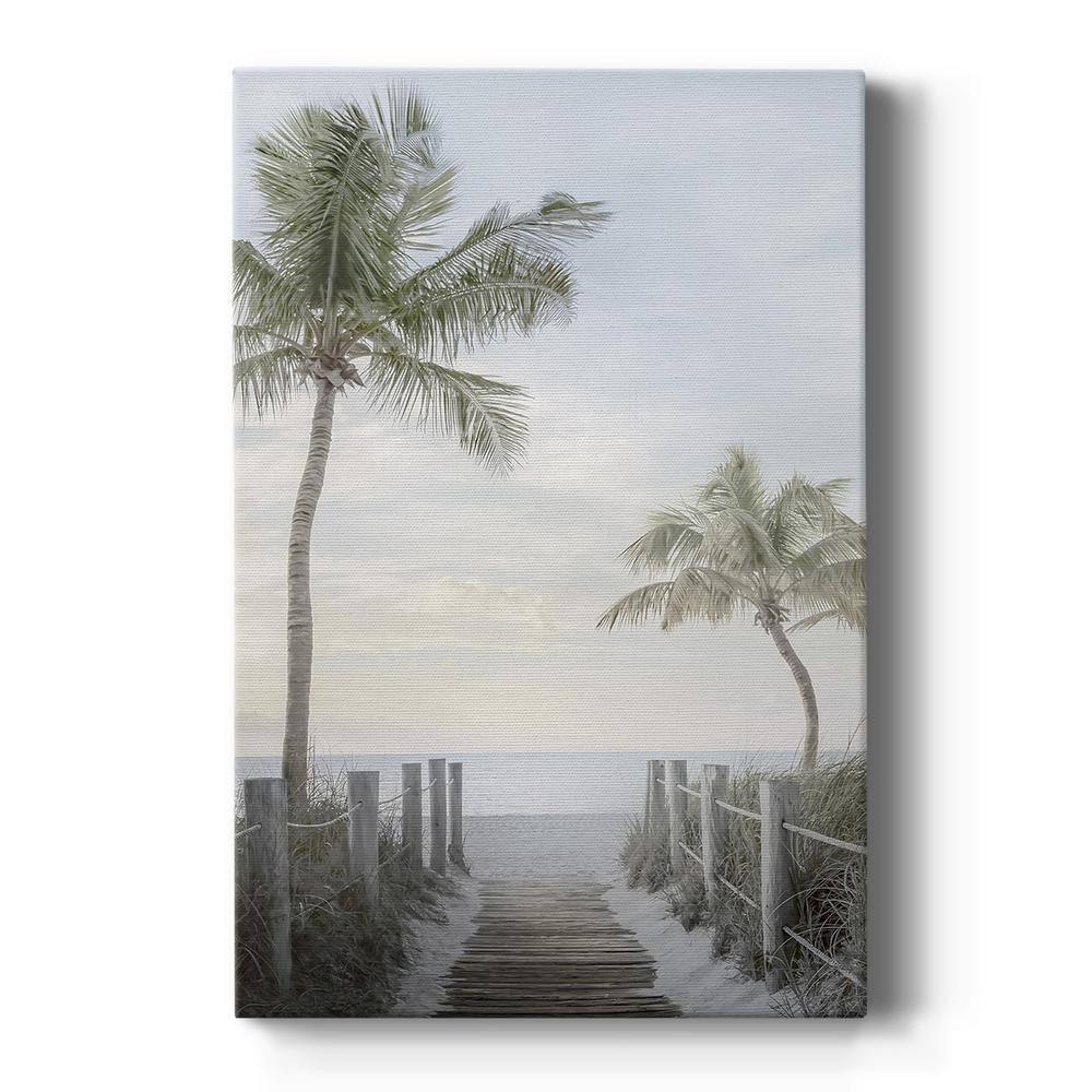Palm Walk Coastal Landscape Canvas Painting in White Frame
