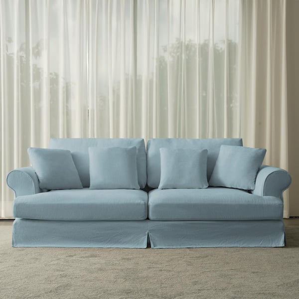Lesly Lazy Style 102 in. Wide Round Arm Cotton and Linen Fabric Removable Covers Rectangle 2-Seater Sofa in Light Blue
