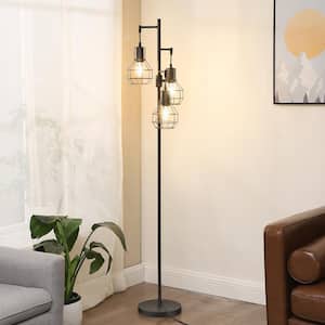 65 in. black Rustic 1-Light Smart Dimmable Tree Floor Lamp for Living Room with Metal Cage Shade