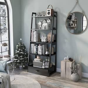 64 in. Black Wood 5-shelf Ladder Bookcase with Drawers