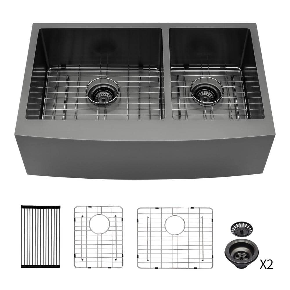 36 in. Farmhouse/Apron Front Double Bowl (60/40) 16-Gauge Gunmetal Black Stainless Steel Kitchen Sink with Dish Grid -  ANGELES HOME, W128CK617