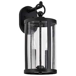 Broadstone 2-Light Matte Black Hardwired Outdoor Wall Lantern Sconce with Clear Seeded Glass Shade