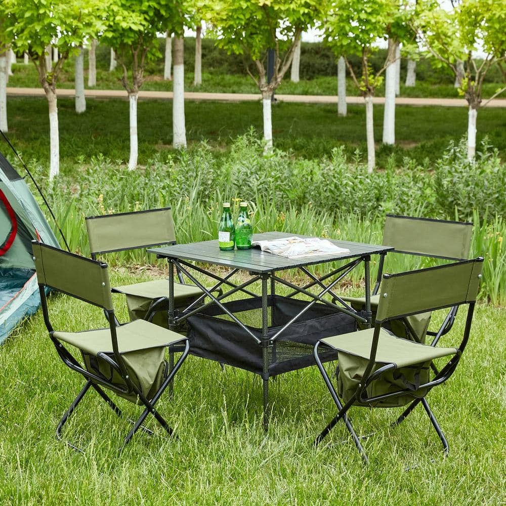 5-Piece Outdoor Steel and Green Oxford Cloth Folding Camping Chairs with Fo