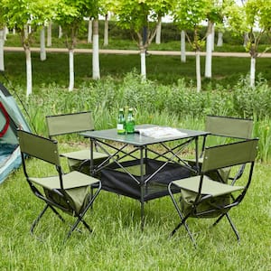 5-Piece Outdoor Steel and Green Oxford Cloth Folding Camping Chairs with Folding Square Table