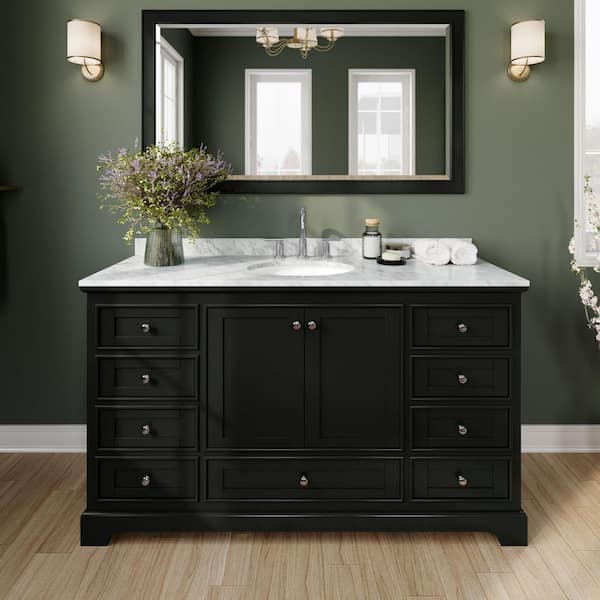 Wyndham Collection Deborah 60 in. Single Vanity in Dark Espresso with Marble Vanity Top in White Carrara with White Basin and 58 in. Mirror