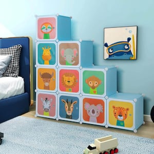 12-Cube Kids Wardrobe Baby Dresser Bedroom Armoire Clothes Hanging Closet with Door Blue