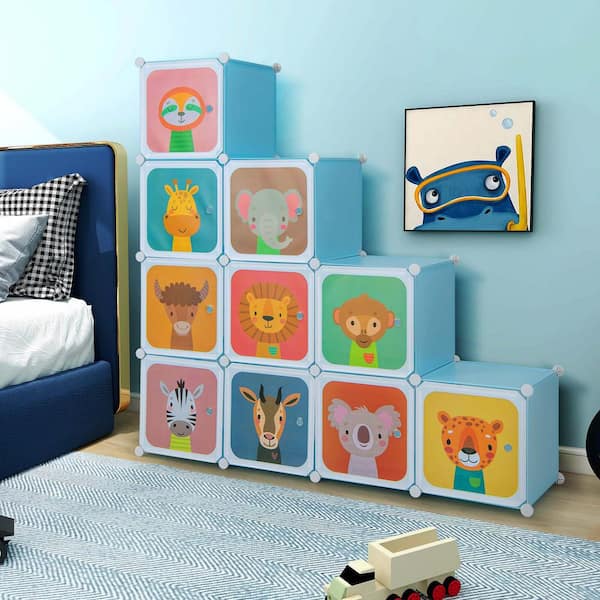 Costway 12-Cube Kids Wardrobe Baby Dresser Bedroom Armoire Clothes Hanging Closet with Door Blue