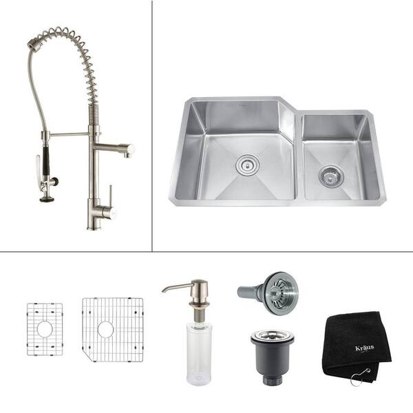 KRAUS All-in-One Undermount Stainless Steel 32 in. Double Basin Kitchen Sink with Faucet and Accessories in Stainless Steel