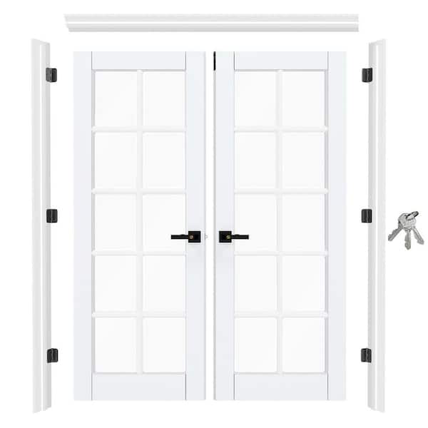 60 in. x 80 in. 10 Lite Tempered Clear Glass Primed Wood French Door w/ Jamb, Privacy Lever and Latch Assembly Required
