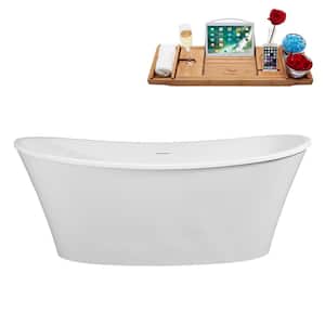 63 in. x 31 in. Acrylic Freestanding Soaking Bathtub in Glossy White With Glossy White Drain, Bamboo Tray