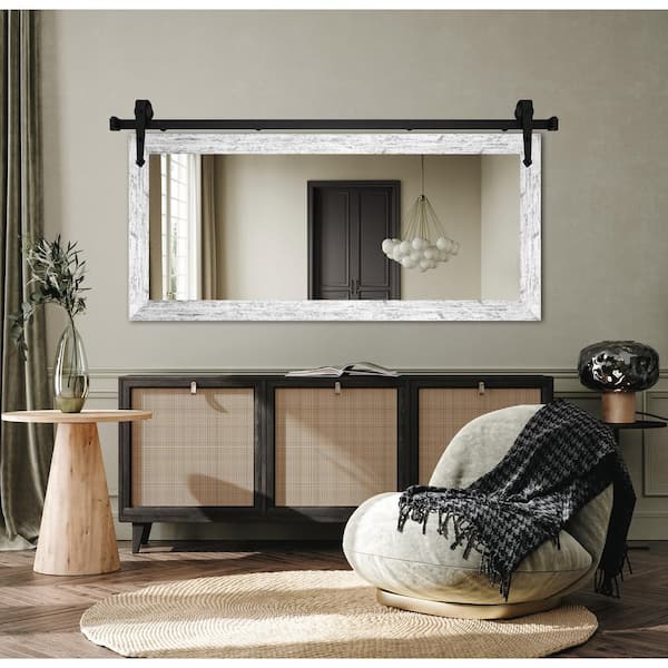 (60 in. W x 33 in. H) Barnwood White Modern Rustic Mirror with Steel Barn Door Rail