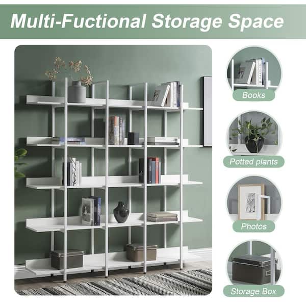70.9 in. H x 70.9 in. W White Industrial Style 5 Tier Open Bookshelf with Metal Frame