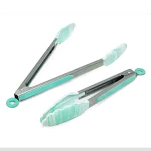 9 in. Stainless Steel Marble Teal Silicone Tong with Handle (Set of 2)