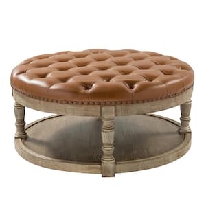 Chloe Camel 35.5 in. Wide Vegan Leather Tufted Transitional Square Coffee Table Ottoman with Solid Wood Legs