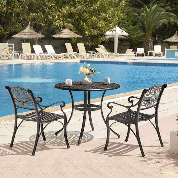 Nuu Garden Black with Gold-Painted Edge 3-Piece Cast Aluminum Outdoor Bistro Set with Umbrella Hole