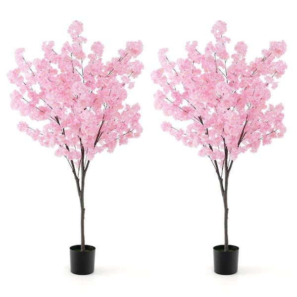 Costway 6 .5 ft. 2-Piece Pink Artificial Cherry Blossom Tree with 900 Pink Flowers Cement-Filled