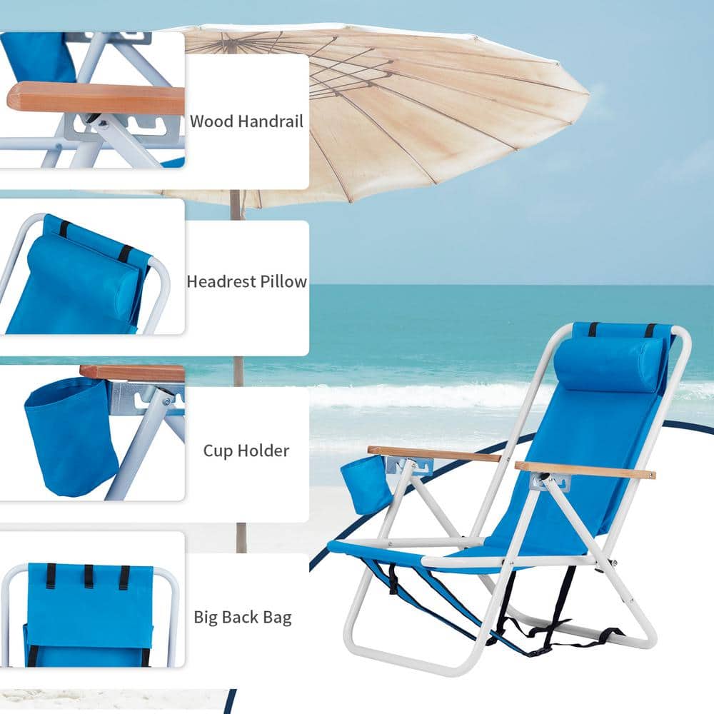 Blue Steel Folding Beach Armchair Set with Wooden Armrests