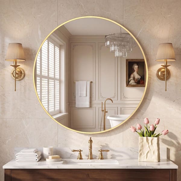 30 in. W x 30 in. H Gold Vanity Arched Wall Mirror Aluminium Alloy Frame Bathroom Mirror