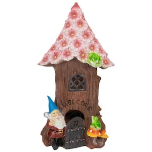 14 in. Solar Lighted Bless Our Home Gnome Tree House Outdoor Garden Statue