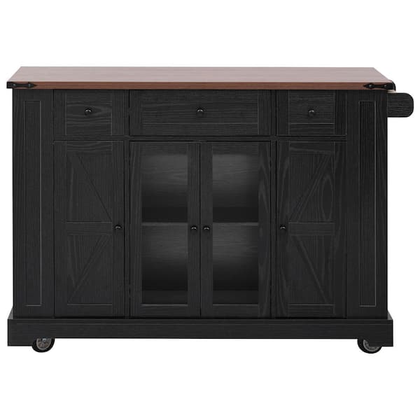 Qualler Black Wood 53 in. Kitchen Island with Open Side Racks and Drop Leaf